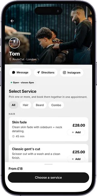A client picking services and booking on a CHAIR booking page.