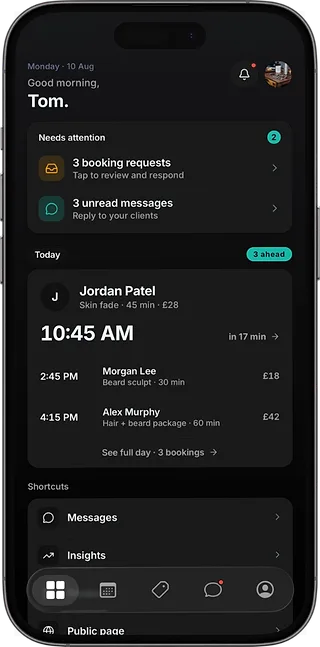 The CHAIR professionals app dashboard: booking requests, client messages and today's appointments.